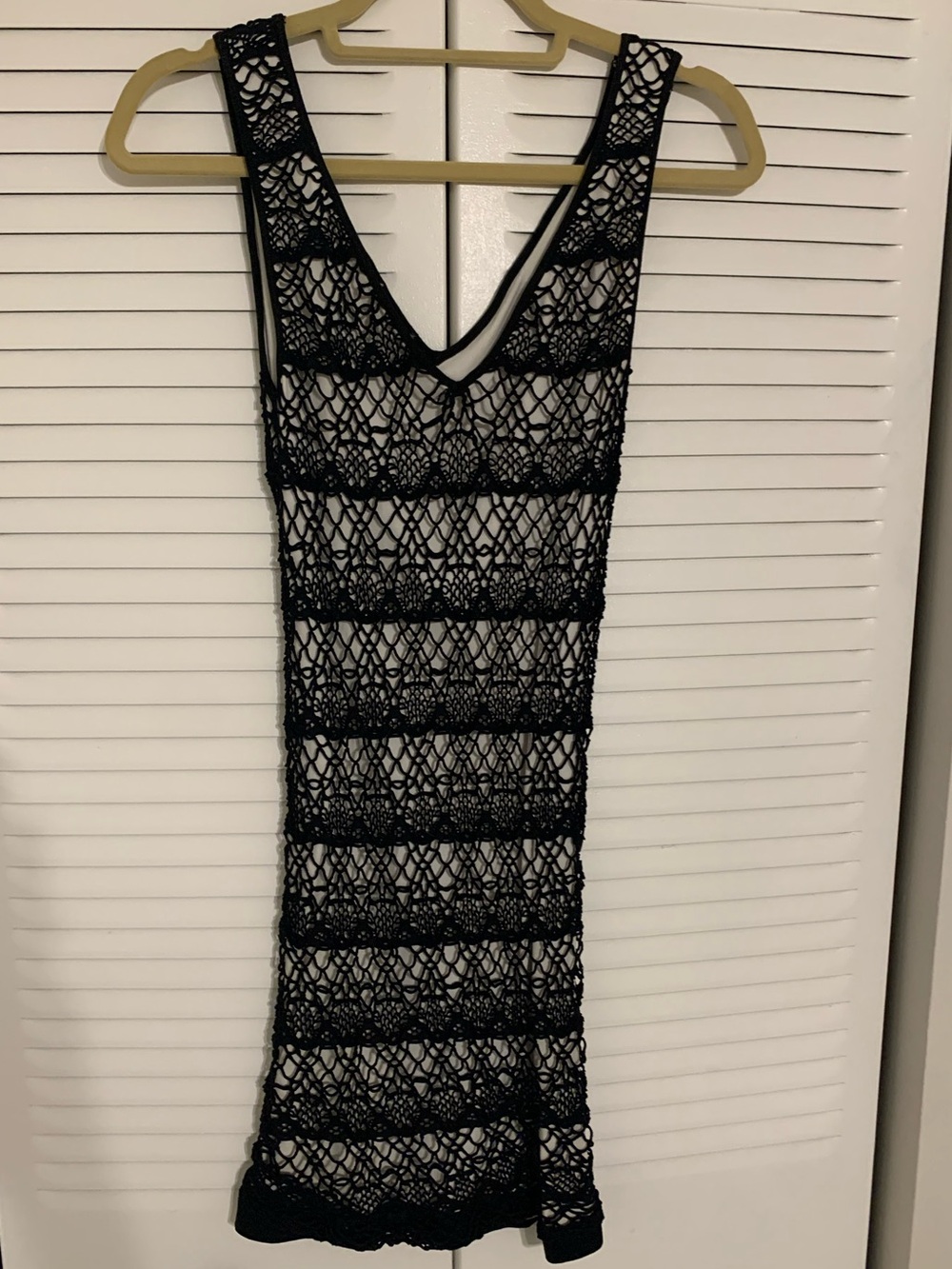 White House Black Market Black Crochet Knit Tank Dress over Cream